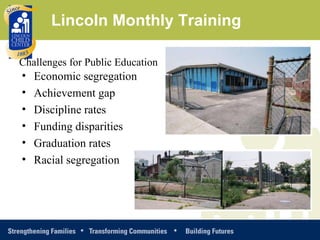 Lincoln Monthly Training Challenges for Public Education <ul><li>Economic segregation </li></ul><ul><li>Achievement gap </...