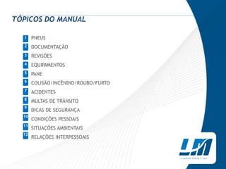 TÓPICOS DO MANUAL

  1    PNEUS
  2
  2    DOCUMENTAÇÃO
  3
  3    REVISÕES
  4
  4    EQUIPAMENTOS
  5
  5    PANE
  6
       COLISÃO/INCÊNDIO/ROUBO/FURTO
  7    ACIDENTES
  8
       MULTAS DE TRÂNSITO
  9
       DICAS DE SEGURANÇA
  10
       CONDIÇÕES PESSOAIS
  11
       SITUAÇÕES AMBIENTAIS
  12
       RELAÇÕES INTERPESSOAIS
 