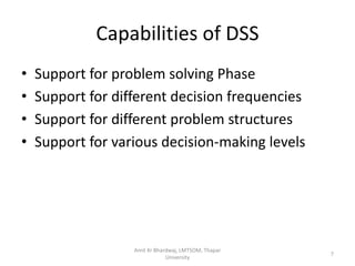 Capabilities of DSS
•   Support for problem solving Phase
•   Support for different decision frequencies
•   Support for different problem structures
•   Support for various decision-making levels




                   Amit Kr Bhardwaj, LMTSOM, Thapar
                                                      7
                               University
 