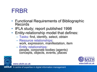 FRBR Functional Requirements of Bibliographic Records IFLA study; report published 1998 Entity-relationship model that defines: Tasks : find, identify, select, obtain Resource relationships : work, expression, manifestation, item Entity relationships : people, corporate bodies (agents) concepts, objects, events, places 