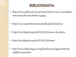 BIBLIOGRAFIA
 https://www.publico.pt/ciencia/noticia/lemures-sao-os-mamiferos-
mais-ameacados-do-planeta-1554934
 http://www.zoo.pt/site/animais_detalhe.php?animal=36
 https://pt.wikipedia.org/wiki/L%C3%AAmure-do-alaotra
 https://pt.wikipedia.org/wiki/L%C3%AAmure
 http://www.wildmadagascar.org/brazilian-portuguese/kids/08-
wildlife-lemurs.html
 
