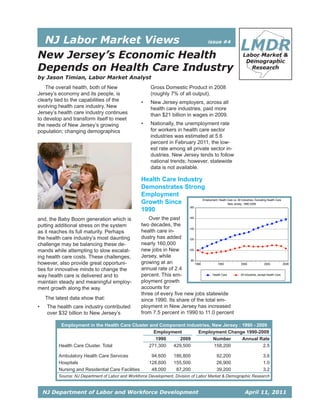 NJ Labor Market Views     issue #4


New Jersey’s Economic Health
                                                                                                                LMDR
                                                                                                                  Labor Market &
                                                                                                                   Demographic
Depends on Health Care Industry                                                                                      Research
by Jason Timian, Labor Market Analyst
    The overall health, both of New                      Gross Domestic Product in 2008
Jersey’s economy and its people, is                      (roughly 7% of all output).
clearly tied to the capabilities of the             •    New Jersey employers, across all
evolving health care industry. New                       health care industries, paid more
Jersey’s health care industry continues                  than $21 billion in wages in 2009.
to develop and transform itself to meet
the needs of New Jersey’s growing                   •    Nationally, the unemployment rate
population; changing demographics                        for workers in health care sector
                                                         industries was estimated at 5.6
                                                         percent in February 2011, the low-
                                                         est rate among all private sector in-
                                                         dustries. New Jersey tends to follow
                                                         national trends; however, statewide
                                                         data is not available.

                                                    Health Care Industry
                                                    Demonstrates Strong
                                                    Employment
                                                    Growth Since         Employment: Heath Care vs. All Industries, Excluding Health Care
                                                                                           New Jersey, 1990-2009

                                                    1990            180



and, the Baby Boom generation which is                 Over the past     160
                                                                                                                                         B B
                                                                                                                                     B
putting additional stress on the system             two decades, the                                                  B
                                                                                                                          B
                                                                                                                              B B
                                                                         140
as it reaches its full maturity. Perhaps            health care in-                                      B B
                                                                                                                  B
                                                                                                    B B
the health care industry’s most daunting            dustry has added     120                B B
                                                                                                  B

challenge may be balancing these de-                nearly 160,000                  B
                                                                                      B
                                                                                        B
                                                                                                                                 J J J
                                                                                  B                   J J J J J J J
mands while attempting to slow escalat-             new jobs in New      100 BJ
                                                                                  J J J J   J J
                                                                                                  J J                                      J


ing health care costs. These challenges,            Jersey, while
however, also provide great opportuni-              growing at an         80
                                                                             1990         1995          2000                2005          2009

ties for innovative minds to change the             annual rate of 2.4
way health care is delivered and to                 percent. This em-               B Health Care    J All Industries, except Health Care

maintain steady and meaningful employ-              ployment growth
ment growth along the way.                          accounts for
                                                    three of every ﬁve new jobs statewide
    The latest data show that:                      since 1990. Its share of the total em-
•    The health care industry contributed           ployment in New Jersey has increased
     over $32 billion to New Jersey’s               from 7.5 percent in 1990 to 11.0 percent

           Employment in the Health Care Cluster and Component industries, New Jersey : 1990 - 2009
                                                   Employment       Employment Change 1990-2009
                                                    1990     2009          Number       Annual Rate
          Health Care Cluster, Total             271,300  429,500           158,200              2.5

          Ambulatory Health Care Services                94,600        186,800                   92,200                       3.6
          Hospitals                                     128,600        155,500                   26,900                       1.0
          Nursing and Residential Care Facilities        48,000         87,200                   39,200                       3.2
          Source: NJ Department of Labor and Workforce Development, Division of Labor Market & Demographic Research


    NJ Department of Labor and Workforce Development                                                               April 11, 2011
 