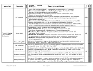 Menu Path Parameter 
Level 
Descriptions / Notes 
Phase 
LMV51 
LMV52 
U = User O = OEM 
S = Service 
LC_OptgMode U 
Note -"Load Controller not active..." is displayed go to: SystemConfig > LC_OptgMode 
1) External load controller X5-03 - use with a floating bumping type of universal controller 
such as a RWF40. Internal load controller not required. 
2) Internal load controller- use with a directly connected pressure or temperature sensor. 
Setpoint W1 is normally used with this mode. 
3) Internal load controller BUS- same as 2 except setpoint W3 can be changed via BUS connection. 
4) Internal load controller X62 - same as 2 except setpoint can be changed by using a external 
analog signal on terminal X62. 
5) External load controller X62 - LMV can be modulated directly by an analog signal on terminal X62. 
6) External load controller BUS - LMV can be modulated directly via a BUS connection. 
Note: Modes 3 thru 6 can be switched back to mode 2 by closing a contact between X62.1 and X62.2. 
When in mode 2 this contact closure can be used to switch between setpoint W1 and W2. 
60-62 
Sensor Select 
Defines the type of sensor that will be used for the internal load controller. 
1) Pt100, Pt1000, Ni1000 - Temperature sensors (RTD) wired into terminals X60. 
The internal temperature limiter is active when any of these three are selected. 
2) TempSensor, PressureSensor - Temperature or Pressure sensor wired to terminals X61. 
Can be 0 to 10VDC or 4-20mA. 
3) Pt100Pt1000, Pt100Ni1000 - Redundant Temperature Sensors wired to terminals X60. Pt100 used 
for load controller and temperature limiter, redundant sensor also used for temperature limiter. 
4) N S S l t d if LMV5 b i t l d l t d f th l d t ll 
Params & Display> All 
Load Controller> 
Configuration 
No Sensor - Selected LMV5x being remotely modulated, no sensor for the load controller 
or the temperature limiter. 
MeasureRangePtNi Sets the end of measurement range for standard platinum or nickel temperature sensors connected to 
terminals X60. Range = 302 F, 752 F, 1562 F Def / Typ = 302 F 
Var. RangePtNi Sets the end of measurement range for non-standard platinum or nickel temperature sensors connected to 
terminals X60. Range = 0 to 1562 F Def / Typ = 1562 F 
Ext Inp X61 U/I 
Configuration of terminals X61. This input can be configured for 4 to 20mA, 2 to 10VDC, or 0 to 10VDC. Set 
to the type of signal expected on X61. NOTE : The limits on this terminal are 3mA to 21mA, 10.5 VDC. 
Signals not in this range will cause a alarm. 
MRange TempSens 
Sets the end of the scale for a temperature sensor connected to terminals X61. Also, this serves to scale 
input X62 if used for remote temperature setpoints. Range = 0 to 3632 F Def / Typ = range of X61 temp 
sensor 
MRange PressSens 
Sets the end of the scale for a pressure sensor connected to terminals X61. This value would correspond to 
the pressure senor output (mA or V) at rated pressure. Also, this serves to scale input X62 if used for 
remote pressure setpoints. Range = 0 to 1449 psi Def = 29 psi, Typ = range of connected pressure sensor 
All 
S 
LMV5 QSG Rev 4 Sec 4 Pg 47 www.scccombustion.com 
 