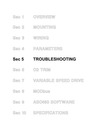 Sec 5 
Sec 1 OVERVIEW 
Sec 2 MOUNTING 
Sec 3 WIRING 
Sec 4 PARAMETERS 
Sec 5 TROUBLESHOOTING 
Sec 6 O2 TRIM 
Sec 7 VARIABLE SPEED DRIVE 
Sec 8 MODbus 
Sec 9 ASC450 SOFTWARE 
Sec 10 SPECIFICATIONS 
 