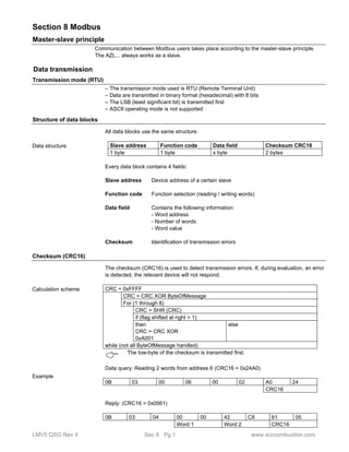 Section 8 Modbus 
Master-slave principle 
Communication between Modbus users takes place according to the master-slave principle. 
The AZL... always works as a slave. 
Data transmission 
Transmission mode (RTU) 
– The transmission mode used is RTU (Remote Terminal Unit) 
– Data are transmitted in binary format (hexadecimal) with 8 bits 
– The LSB (least significant bit) is transmitted first 
– ASCII operating mode is not supported 
Structure of data blocks 
All data blocks use the same structure: 
Slave address Function code Data field Checksum CRC16 
1 byte 1 byte x byte 2 bytes 
Every data block contains 4 fields: 
Slave address Device address of a certain slave 
Function code Function selection (reading / writing words) 
Data field Contains the following information: 
- Word address 
- Number of words 
- Word value 
Checksum Identification of transmission errors 
Data structure 
Checksum (CRC16) 
The checksum (CRC16) is used to detect transmission errors. If, during evaluation, an error 
is detected, the relevant device will not respond. 
CRC = 0xFFFF 
CRC = CRC XOR ByteOfMessage 
For (1 through 8) 
CRC = SHR (CRC) 
if (flag shifted at right = 1) 
then 
CRC = CRC XOR 
0xA001 
else 
while (not all ByteOfMessage handled) 
 The low-byte of the checksum is transmitted first. 
Data query: Reading 2 words from address 6 (CRC16 = 0x24A0) 
0B 03 00 06 00 02 A0 24 
CRC16 
Reply: (CRC16 = 0x0561) 
0B 03 04 00 00 42 C8 61 05 
Word 1 Word 2 CRC16 
Calculation scheme 
Example 
LMV5 QSG Rev 4 Sec 8 Pg 1 www.scccombustion.com 
 