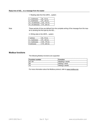 Reply time of AZL... to a message from the master 
1. Reading data from the LMV5... system: 
1...3 addresses 25...75 ms 
4...9 addresses 75...125 ms 
10...15 addresses 125...175 ms 
16...20 addresses 175...225 ms 
These periods of time are defined from the complete writing of the message from the mas-ter 
to sending the first byte by the AZL... 
2. Writing data to the LMV5... system: 
1 address 25...75 ms 
2...3 addresses 75...125 ms 
4...5 addresses 125...175 ms 
6 addresses 175...225 ms 
Note 
Modbus functions 
The following Modbus functions are supported: 
Function number Function 
03 / 04 Reading n words 
06 Writing 1 word 
16 Writing n words 
For more information about the Modbus protocol, refer to www.modbus.org. 
LMV5 QSG Rev 4 Sec 8 Pg 4 www.scccombustion.com 
 