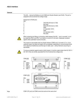 AZL5 interface 
General 
The AZL... serves the Modbus via its COM2 port (8-pole Western jack RJ45). The port is 
assigned to the functional low-voltage range. 
Assignment of RJ45 pins: 
PIN 
1 TXD (RS-232 level or V28) 
2 Not used 
3 RXD (RS-232 level or V28) 
4 GND 
5 U1 (typically +8.2V) 
6 GND 
7 U2 (typically -8.2V) 
8 Not used 
When preparing and fitting a connecting cable between the AZL... and a converter, it is to 
be noted that PIN 5 and PIN 7 can deliver a current of 5 mA each. Adequate insulation 
against other potentials must be ensured. 
The maximum permissible data line length between COM2 and a converter is 3 m. In ex-ceptional 
cases, this data line length can be exceeded, depending on environmental condi-tions 
(electrical interference) and the type of cable used – without Siemens assuming re-sponsibility. 
To ensure protection against electric shock hazard, it must be made certain that AC 230 V / 
AC 120 V lines are strictly separated from the functional low-voltage area. 
CAN X70 
PIN 
2 CAN L 
3 GND 
4 VAC 2 
7 CAN H 
8 VAC 1 
CAN COM 2 
8 1 
8 7 
9 6 
5 1 
4 3 2 
X70 X72 
COM2 X72 
PIN 
1 TXD 
3 RXD 
4, 6 GND 
5 U 1 
7 U 2 
COM1 X71 
PIN 
2 RXD 
3 TXD 
5 GND 
COM 1 
6 7 8 
9 X71 
1 5 
2 3 4 
7550z09/0703 
Note COM1 (PC port) ad COM2 cannot be active at the same time! 
LMV5 QSG Rev 4 Sec 8 Pg 13 www.scccombustion.com 
 