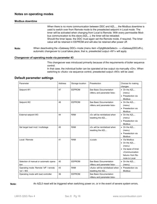 Notes on operating modes 
Modbus downtime 
When there is no more communication between DDC and AZL..., the Modbus downtime is 
used to switch over from Remote mode to the preselected setpoint in Local mode. The 
timer will be activated when changing from Local to Remote. With every permissible Mod-bus 
communication to this slave (AZL...), the timer will be reloaded. 
Should the timer lapse, the DDC must again set the Remote mode, if required. The timer 
value will be retained in EEPROM and will also be retained after power off. 
When deactivating the «Gateway DDC» mode (menu item «OptgModeSelect»  «GatewayDDCoff»), 
automatic changeover to Local takes place, that is, preselected output «W1» will apply. 
Note: 
Changeover of operating mode via parameter 43 
This changeover was introduced primarily because of the requirements of boiler sequence 
control. 
In that case, the individual boiler can be operated at low output via manually «On». When 
switching to «Auto» via sequence control, preselected output «W3» will be used. 
Default parameter settings 
Parameter Address Storage location Preselection Choices for making 
changes 
Setpoint W1 47 EEPROM See Basic Documentation 
«Menu and parameter lists» 
 On the AZL... 
(menu) 
 Preselection via 
Modbus 
Setpoint W2 48 EEPROM See Basic Documentation 
«Menu and parameter lists» 
 On the AZL... 
(menu) 
 Preselection via 
Modbus 
External setpoint W3 44 RAM «0» will be reinitialized when 
resetting the AZL... 
 On the AZL... 
(menu) 
 Preselection via 
Modbus 
Set target load mod / multistage 45 RAM «0» will be reinitialized when 
resetting the AZL... 
 On the AZL... 
(menu) 
 Preselection via 
Modbus 
Local / Remote 41 RAM «Local»  Via Modbus 
 On the AZL... 
(menu) 
 Via lapse of timer 
«Communication 
failure» from Re-mote 
to Local 
Selection of manual or automatic opera-tion 
40 EEPROM See Basic Documentation 
«Menu and parameter lists» 
 On the AZL... 
(menu) 
Operating mode: Remote ”off” / remote 
“on” / W3 
43 RAM «Auto» will be reinitialized when 
resetting the AZL... 
 Preselection via 
Modbus 
Operating mode with load controller 39 EEPROM See Basic Documentation 
«Menu and parameter lists» 
An AZL5 reset will be triggered when switching power on, or in the event of severe system errors. 
Note: 
LMV5 QSG Rev 4 Sec 8 Pg 16 www.scccombustion.com 
 