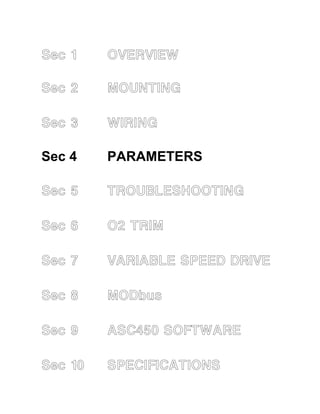 Sec 1 OVERVIEW 
Sec 2 MOUNTING 
Sec 3 WIRING 
Sec 4 PARAMETERS 
Sec 5 TROUBLESHOOTING 
Sec 6 O2 TRIM 
Sec 7 VARIABLE SPEED DRIVE 
Sec 8 MODbus 
Sec 9 ASC450 SOFTWARE 
Sec 10 SPECIFICATIONS 
 