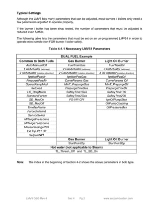 Typical Settings 
Although the LMV5 has many parameters that can be adjusted, most burners / boilers only need a 
few parameters adjusted to operate properly. 
If the burner / boiler has been shop tested, the number of parameters that must be adjusted is 
reduced even further. 
The following table lists the parameters that must be set on an un-programmed LMV51 in order to 
operate most simple non-FGR burner / boiler safely. 
Table 4-1.1 Necessary LMV51 Parameters 
DUAL FUEL Example 
Common to Both Fuels Gas Burner Light Oil Burner 
Auto/Manual/Off FuelTrainGas FuelTrainOil 
1 AirActuator (address) 2 GasActuator (address) 3 OilActuator (address) 
2 AirActuator (rotation direction) 2 GasActuator (rotation direction) 3 Oil Actuator (rotation direction) 
IgnitionPosAir IgnitionPosGas IgnitionPosOil 
PrepurgePosAir CurveParams Gas CurveParams Oil 
OperatRampMod MinT_PrepurgeGas MinT_PrepurgeOil 
SetLoad PrepurgeTmeGas PrepurgeTmeOil 
LC_OptgMode SafteyTme1Gas SafteyTme1Oil 
StandardParam SafteyTme2Gas SafteyTme2Oil 
SD_ModOn PS-VP/ CPI IgnOilPumpStart 
SD_ModOff OilPumpCoupling 
TimeNoFlame OilPressureMax 
ForcedIntermit 
SensorSelect 
MRangePressSens 
MRangeTempSens 
MeasureRangePtNi 
Ext Inp X61 U/I 
SetpointW1 
Gas Burner Light Oil Burner 
StartPointOp StartPointOp 
Hot water (not applicable to Steam) 
TL_Thresh_Off and TL_SD_On 
Note: The index at the beginning of Section 4-2 shows the above parameters in bold type. 
LMV5 QSG Rev 4 Sec 4 Pg 2 www.scccombustion.com 
 