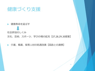 健康づくり支援
 健康寿命を延ばす
社会参加のしくみ
文化、芸術、スポーツ、学びの場の拡充【27,28,29,30提案】
 介護、看護、保育人材の処遇改善【国政との連携】
19
 