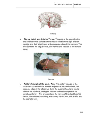 LM – WELLNESS MASSAGE Grade 10
119
(redraw)
 Sternal Notch and Anterior Throat. The area of the sternal notch
and anterior throat consists of the medial heads of the right and left
clavicle, and their attachment at the superior edge of the sternum. This
area contains the vagus nerve, and nerves and vessels to the thyroid
gland.
(redraw)
 Axillary Triangle of the Under Arm. The axillary triangle of the
under arm consists of the anterior edge of the pectoralis major, the
posterior edge of the latissimus dorsi, the superior head and medial
shaft of the humerus, the upper ribs and the medial aspect of the
serratus anterior. This area contains the nerves of the distal brachial
plexus, and the brachial artery, the axillary nerve, vein, and artery, and
the cephalic vein.
 