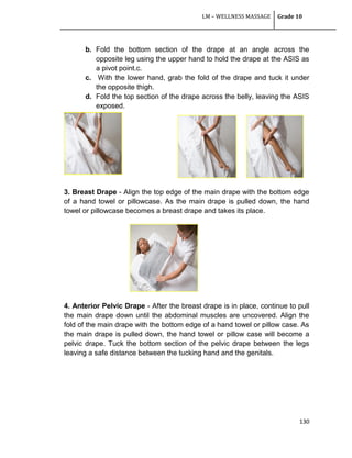 LM – WELLNESS MASSAGE Grade 10
130
b. Fold the bottom section of the drape at an angle across the
opposite leg using the upper hand to hold the drape at the ASIS as
a pivot point.c.
c. With the lower hand, grab the fold of the drape and tuck it under
the opposite thigh.
d. Fold the top section of the drape across the belly, leaving the ASIS
exposed.
3. Breast Drape - Align the top edge of the main drape with the bottom edge
of a hand towel or pillowcase. As the main drape is pulled down, the hand
towel or pillowcase becomes a breast drape and takes its place.
4. Anterior Pelvic Drape - After the breast drape is in place, continue to pull
the main drape down until the abdominal muscles are uncovered. Align the
fold of the main drape with the bottom edge of a hand towel or pillow case. As
the main drape is pulled down, the hand towel or pillow case will become a
pelvic drape. Tuck the bottom section of the pelvic drape between the legs
leaving a safe distance between the tucking hand and the genitals.
 