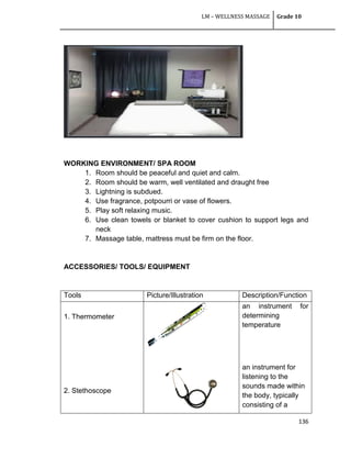 LM – WELLNESS MASSAGE Grade 10
136
WORKING ENVIRONMENT/ SPA ROOM
1. Room should be peaceful and quiet and calm.
2. Room should be warm, well ventilated and draught free
3. Lightning is subdued.
4. Use fragrance, potpourri or vase of flowers.
5. Play soft relaxing music.
6. Use clean towels or blanket to cover cushion to support legs and
neck
7. Massage table, mattress must be firm on the floor.
ACCESSORIES/ TOOLS/ EQUIPMENT
Tools Picture/Illustration Description/Function
1. Thermometer
2. Stethoscope
an instrument for
determining
temperature
an instrument for
listening to the
sounds made within
the body, typically
consisting of a
 