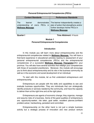 LM – WELLNESS MASSAGE Grade 10
15
Personal Entrepreneurial Competencies (PECs)
Content Standards Performance Standards
The learner demonstrates
understanding of one‘s PECs in
Wellness Massage.
The learner independently creates a
plan of action that strengthens and/or
further develops his/her PECs in
Wellness Massage.
Quarter I Time Allotment: 4 hours
Module 1
Personal Entrepreneurial Competencies
Introduction
In this module you will learn more about entrepreneurship and the
entrepreneurial competencies related to Wellness Massage. You will have a
first-hand experience in educational activities leading to assessment of your
personal entrepreneurial competencies (PECs) and the entrepreneurial
competencies of a successful Wellness Massage Therapistswithin your
province. You will also have several activities that willalign your competencies
with those of successful practitioners. Moreover, this module will encourage
you to think about entrepreneurship and its role in the business community as
well as in the economic and social development of an individual.
To start with this module, let us first understand entrepreneurs and
entrepreneurship.
Entrepreneurs are people with the skills and capabilities to see and
evaluate business opportunities. They are individuals that can strategically
identify products or services needed by the community, and have the capacity
to deliver them at the right time and at the right place.
Entrepreneurs are agents of economic change; they organize, manage
and assume risks of a business. Some of the good qualities of entrepreneurs
are: opportunity-seeker, risk taker, goal setter, excellent planner,confident
problem-solver, hardworking, persistent and committed.
Entrepreneurship on the other hand is not just a simple business
activity but a strategic process of innovation and new product venture
 