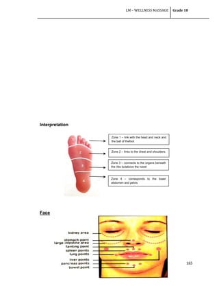 LM – WELLNESS MASSAGE Grade 10
165
Interpretation
Face
Zone 1 – link with the head and neck and
the ball of thefoot
Zone 2 – links to the chest and shoulders.
Zone 3 – connects to the organs beneath
the ribs butabove the navel
Zone 4 – corresponds to the lower
abdomen and pelvis
 