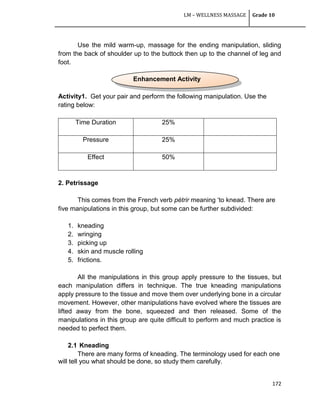 LM – WELLNESS MASSAGE Grade 10
172
Use the mild warm-up, massage for the ending manipulation, sliding
from the back of shoulder up to the buttock then up to the channel of leg and
foot.
Activity1. Get your pair and perform the following manipulation. Use the
rating below:
Time Duration 25%
Pressure 25%
Effect 50%
2. Petrissage
This comes from the French verb pétrir meaning ‗to knead. There are
five manipulations in this group, but some can be further subdivided:
1. kneading
2. wringing
3. picking up
4. skin and muscle rolling
5. frictions.
All the manipulations in this group apply pressure to the tissues, but
each manipulation differs in technique. The true kneading manipulations
apply pressure to the tissue and move them over underlying bone in a circular
movement. However, other manipulations have evolved where the tissues are
lifted away from the bone, squeezed and then released. Some of the
manipulations in this group are quite difficult to perform and much practice is
needed to perfect them.
2.1 Kneading
There are many forms of kneading. The terminology used for each one
will tell you what should be done, so study them carefully.
Enhancement Activity
 