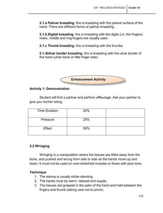 LM – WELLNESS MASSAGE Grade 10
173
2.1.a Palmar kneading: this is kneading with the palmar surface of the
hand. There are different forms of palmar kneading.
2.1.b Digital kneading: this is kneading with the digits (i.e. the fingers)
index, middle and ring fingers are usually used.
2.1.c Thumb kneading: this is kneading with the thumbs.
2.1.dUlnar border kneading: this is kneading with the ulnar border of
the hand (ulnar bone or little finger side).
Activity 1: Demonstration
Student will find a partner and perform effleurage. Ask your partner to
give you his/her rating.
Time Duration 25%
Pressure 25%
Effect 50%
2.2 Wringing
Wringing is a manipulation where the tissues are lifted away from the
bone, and pushed and wrung from side to side as the hands move up and
down. It must not be used on over-stretched muscles or those with poor tone.
Technique
1. The stance is usually stride standing.
2. The hands must be warm, relaxed and supple.
3. The tissues are grasped in the palm of the hand and held between the
fingers and thumb (taking care not to pinch).
Enhancement Activity
 
