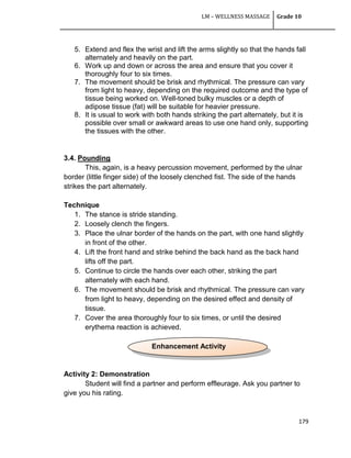 LM – WELLNESS MASSAGE Grade 10
179
5. Extend and flex the wrist and lift the arms slightly so that the hands fall
alternately and heavily on the part.
6. Work up and down or across the area and ensure that you cover it
thoroughly four to six times.
7. The movement should be brisk and rhythmical. The pressure can vary
from light to heavy, depending on the required outcome and the type of
tissue being worked on. Well-toned bulky muscles or a depth of
adipose tissue (fat) will be suitable for heavier pressure.
8. It is usual to work with both hands striking the part alternately, but it is
possible over small or awkward areas to use one hand only, supporting
the tissues with the other.
3.4. Pounding
This, again, is a heavy percussion movement, performed by the ulnar
border (little finger side) of the loosely clenched fist. The side of the hands
strikes the part alternately.
Technique
1. The stance is stride standing.
2. Loosely clench the fingers.
3. Place the ulnar border of the hands on the part, with one hand slightly
in front of the other.
4. Lift the front hand and strike behind the back hand as the back hand
lifts off the part.
5. Continue to circle the hands over each other, striking the part
alternately with each hand.
6. The movement should be brisk and rhythmical. The pressure can vary
from light to heavy, depending on the desired effect and density of
tissue.
7. Cover the area thoroughly four to six times, or until the desired
erythema reaction is achieved.
Activity 2: Demonstration
Student will find a partner and perform effleurage. Ask you partner to
give you his rating.
Enhancement Activity
 