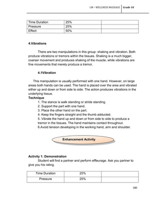 LM – WELLNESS MASSAGE Grade 10
180
Time Duration 25%
Pressure 25%
Effect 50%
4.Vibrations
There are two manipulations in this group: shaking and vibration. Both
produce vibrations or tremors within the tissues. Shaking is a much bigger,
coarser movement and produces shaking of the muscle, while vibrations are
fine movements that merely produce a tremor.
4.1Vibration
This manipulation is usually performed with one hand. However, on large
areas both hands can be used. The hand is placed over the area and vibrated
either up and down or from side to side. The action produces vibrations in the
underlying tissue.
Technique
1. The stance is walk standing or stride standing.
2. Support the part with one hand.
3. Place the other hand on the part.
4. Keep the fingers straight and the thumb adducted.
5. Vibrate the hand up and down or from side to side to produce a
tremor in the tissues. The hand maintains contact throughout.
6.Avoid tension developing in the working hand, arm and shoulder.
Activity 1: Demonstration
Student will find a partner and perform effleurage. Ask you partner to
give you his rating.
Time Duration 25%
Pressure 25%
Enhancement Activity
 