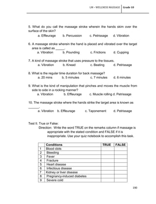 LM – WELLNESS MASSAGE Grade 10
190
5. What do you call the massage stroke wherein the hands skim over the
surface of the skin?
a. Effleurage b. Percussion c. Petrissage d. Vibration
6. A massage stroke wherein the hand is placed and vibrated over the target
area is called as _____.
a. Vibration b. Pounding c. Frictions d. Cupping
7. A kind of massage stroke that uses pressure to the tissues.
a. Vibration b. Knead c. Beating d. Petrissage
8. What is the regular time duration for back massage?
a. 20 mins b. 5 minutes c. 7 minutes d. 6 minutes
9. What is the kind of manipulation that pinches and moves the muscle from
side to side in a rocking manner?
a. Vibration b. Effleurage c. Muscle rolling d. Petrissage
10. The massage stroke where the hands strike the target area is known as
______.
a. Vibration b. Effleurage c. Taponement d. Petrissage
Test II. True or False:
Direction: Write the word TRUE on the remarks column if massage is
appropriate with the stated condition and FALSE if it is
inappropriate. Use your quiz notebook to accomplish this task.
Conditions TRUE FALSE
1 Blood clots
2 Bleeding
3 Fever
4 Fracture
5 Heart disease
6 Infectious disease
7 Kidney or liver disease
8 Pregnancy-induced diabetes
9 Severe cold
 