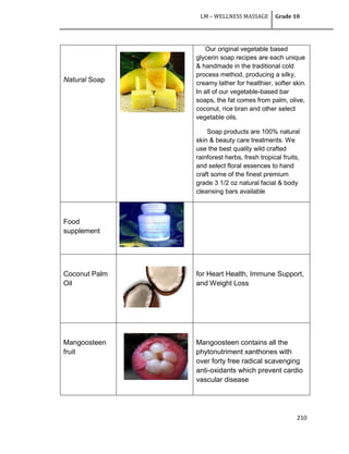 LM – WELLNESS MASSAGE Grade 10
210
Natural Soap
Our original vegetable based
glycerin soap recipes are each unique
& handmade in the traditional cold
process method, producing a silky,
creamy lather for healthier, softer skin.
In all of our vegetable-based bar
soaps, the fat comes from palm, olive,
coconut, rice bran and other select
vegetable oils.
Soap products are 100% natural
skin & beauty care treatments. We
use the best quality wild crafted
rainforest herbs, fresh tropical fruits,
and select floral essences to hand
craft some of the finest premium
grade 3 1/2 oz natural facial & body
cleansing bars available
Food
supplement
Coconut Palm
Oil
for Heart Health, Immune Support,
and Weight Loss
Mangoosteen
fruit
Mangoosteen contains all the
phytonutriment xanthones with
over forty free radical scavenging
anti-oxidants which prevent cardio
vascular disease
 