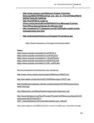 LM – WELLNESS MASSAGE Grade 10
228
- http://www.amazon.com/Optimum-Copper-Tub-Ionic-
Detox/dp/B002TKPRXE/ref=pd_sim_sbs_hi_4?ie=UTF8&refRID=0
X8PQCT6VRJZPJ2RPESH
- http://frank8188.en.made-in-
china.com/product/abFmeGXPbHhl/China-Massage-Cushion-
Face-Pillow-Special-Design-for-Woman.html
- http://angelskiss777.blogspot.com/2013/02/kates-magik-review-
massage-body-oils.html
-
- http://reikimasterthailand.com/images/12-meridians.jpg
-
(http://teachmeanatomy.info/upper-limb/areas/axilla/+
Video:
https://www.youtube.com/watch?v=2jTIIFhFi-o
https://www.youtube.com/watch?v=iunPc0IJsCU
https://www.youtube.com/watch?v=1XL8t7FRnbU
https://www.youtube.com/watch?v=rK4Z72CCog4
https://www.youtube.com/watch?v=DN_mz6FbJbg
http://www.massagenerd.com/endangerment_sites_massage.php
http://www.missouristate.edu/recreation/Wellness/169420.htm
http://karmajello.com/postcont/2013/06/Reflexology-FOOT1.jpg
http://healthsciencedegree.info/wp-content/uploads/2014/03/acupuncture-
hand-chart.jpg
http://lifepositive.com/Body/Health/images/right-diagnosis1.jpg
http://www.familypact.org/Files/Provider/Provider%20Resources/Quality%20I
mprovement%20Tools/2011-
0927_ClientSatisfactionQIToolandSampleSurveys_508.pdf
http://www.ohgizmo.com/2009/12/21/osim-ucrown-2-enables-your-crazy-head-massage-
 