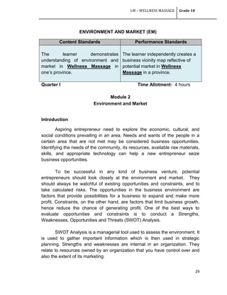 LM – WELLNESS MASSAGE Grade 10
29
ENVIRONMENT AND MARKET (EM)
Content Standards Performance Standards
The learner demonstrates
understanding of environment and
market in Wellness Massage in
one‘s province.
The learner independently creates a
business vicinity map reflective of
potential market in Wellness
Massage in a province.
Quarter I Time Allotment: 4 hours
Module 2
Environment and Market
Introduction
Aspiring entrepreneur need to explore the economic, cultural, and
social conditions prevailing in an area. Needs and wants of the people in a
certain area that are not met may be considered business opportunities.
Identifying the needs of the community, its resources, available raw materials,
skills, and appropriate technology can help a new entrepreneur seize
business opportunities.
To be successful in any kind of business venture, potential
entrepreneurs should look closely at the environment and market. They
should always be watchful of existing opportunities and constraints, and to
take calculated risks. The opportunities in the business environment are
factors that provide possibilities for a business to expand and make more
profit. Constraints, on the other hand, are factors that limit business growth,
hence reduce the chance of generating profit. One of the best ways to
evaluate opportunities and constraints is to conduct a Strengths,
Weaknesses, Opportunities and Threats (SWOT) Analysis.
SWOT Analysis is a managerial tool used to assess the environment. It
is used to gather important information which is then used in strategic
planning. Strengths and weaknesses are internal in an organization. They
relate to resources owned by an organization that you have control over and
also the extent of its marketing.
 