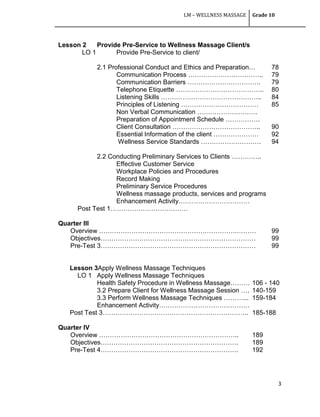 LM – WELLNESS MASSAGE Grade 10
3
Lesson 2 Provide Pre-Service to Wellness Massage Client/s
LO 1 Provide Pre-Service to client/
2.1 Professional Conduct and Ethics and Preparation… 78
Communication Process …………………………….. 79
Communication Barriers ……………………………. 79
Telephone Etiquette ………………………………….. 80
Listening Skills ……………………………………….. 84
Principles of Listening ……………………………… 85
Non Verbal Communication ……………………….
Preparation of Appointment Schedule …………….
Client Consultation ………………………………….. 90
Essential Information of the client ………………… 92
Wellness Service Standards ………………………. 94
2.2 Conducting Preliminary Services to Clients …………..
Effective Customer Service
Workplace Policies and Procedures
Record Making
Preliminary Service Procedures
Wellness massage products, services and programs
Enhancement Activity……………………………
Post Test 1………………………………
Quarter III
Overview ……………………………………………………….……… 99
Objectives……………………………………………………………… 99
Pre-Test 3……………………………………………………………… 99
Lesson 3Apply Wellness Massage Techniques
LO 1 Apply Wellness Massage Techniques
Health Safety Procedure in Wellness Massage……… 106 - 140
3.2 Prepare Client for Wellness Massage Session …. 140-159
3.3 Perform Wellness Massage Techniques ………... 159-184
Enhancement Activity……………………………………
Post Test 3………………………………………………………….. 185-188
Quarter IV
Overview ……………………………………………………….. 189
Objectives………………………………………………………. 189
Pre-Test 4………………………………………………………. 192
 
