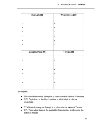 LM – WELLNESS MASSAGE Grade 10
47
Strategies:
 SW- Maximize on the Strengths to overcome the internal Weakness.
 OW- Capitalize on the Opportunities to eliminate the internal
weakness.
 ST - Maximize on your Strengths to eliminate the external Threats.
 OT - Take advantage of the available Opportunities to eliminate the
external threats.
Strength (S) Weaknesses (W)
-
-
-
-
-
-
-
-
-
-
-
-
Opportunities (O) Threats (T)
-
-
-
-
-
-
-
-
-
-
-
-
 