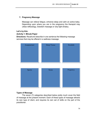 LM – WELLNESS MASSAGE Grade 10
74
7. Pregnancy Massage
Massage can relieve fatigue, enhance sleep and calm an active baby.
Depending upon where you are in the pregnancy the therapist may
utilize reflexology, Swedish massage or very light shiatsu.
Let’s try this:
Activity 1: Minute Paper
Directions: Recall and describe in one sentence the following massage
services that may be offered in a wellness massage.
Types of Massage
The seven (7) categories described below pretty much cover the field
of massage at the present moment. Each of these types of massage attracts
its own type of client, and requires its own set of skills on the part of the
practitioner.
Acupuncture Deep Tissue Swedish
Stone PregnancySports
 
