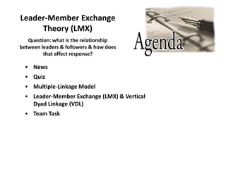 Leader-Member Exchange
Theory (LMX)
• News
• Quiz
• Multiple-Linkage Model
• Leader-Member Exchange (LMX) & Vertical
Dyad Linkage (VDL)
• Team Task
Question: what is the relationship
between leaders & followers & how does
that affect response?
 