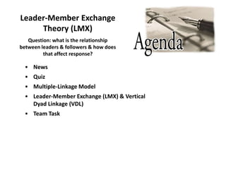 Leader-Member Exchange
     Theory (LMX)
   Question: what is the relationship
between leaders & followers & how does
         that affect response?

  • News
  • Quiz
  • Multiple-Linkage Model
  • Leader-Member Exchange (LMX) & Vertical
    Dyad Linkage (VDL)
  • Team Task
 