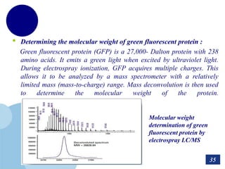 www.company.com
• Determining the molecular weight of green fluorescent protein :
Green fluorescent protein (GFP) is a 27,000- Dalton protein with 238
amino acids. It emits a green light when excited by ultraviolet light.
During electrospray ionization, GFP acquires multiple charges. This
allows it to be analyzed by a mass spectrometer with a relatively
limited mass (mass-to-charge) range. Mass deconvolution is then used
to determine the molecular weight of the protein.
Molecular weight
determination of green
fluorescent protein by
electrospray LC/MS
35
 