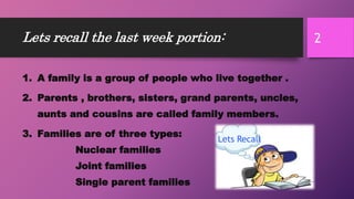 Lets recall the last week portion:
1. A family is a group of people who live together .
2. Parents , brothers, sisters, grand parents, uncles,
aunts and cousins are called family members.
3. Families are of three types:
Nuclear families
Joint families
Single parent families
2
Lets Recall
 