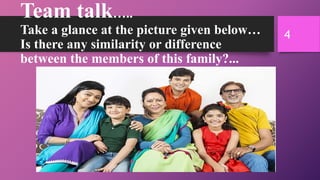 Team talk…..
Take a glance at the picture given below…
Is there any similarity or difference
between the members of this family?...
4
 