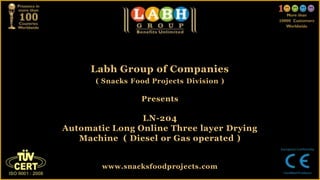 Labh Group of Companies
( Snacks Food Projects Division )
Presents
LN-204
Automatic Long Online Three layer Drying
Machine ( Diesel or Gas operated )
www.snacksfoodprojects.com
 