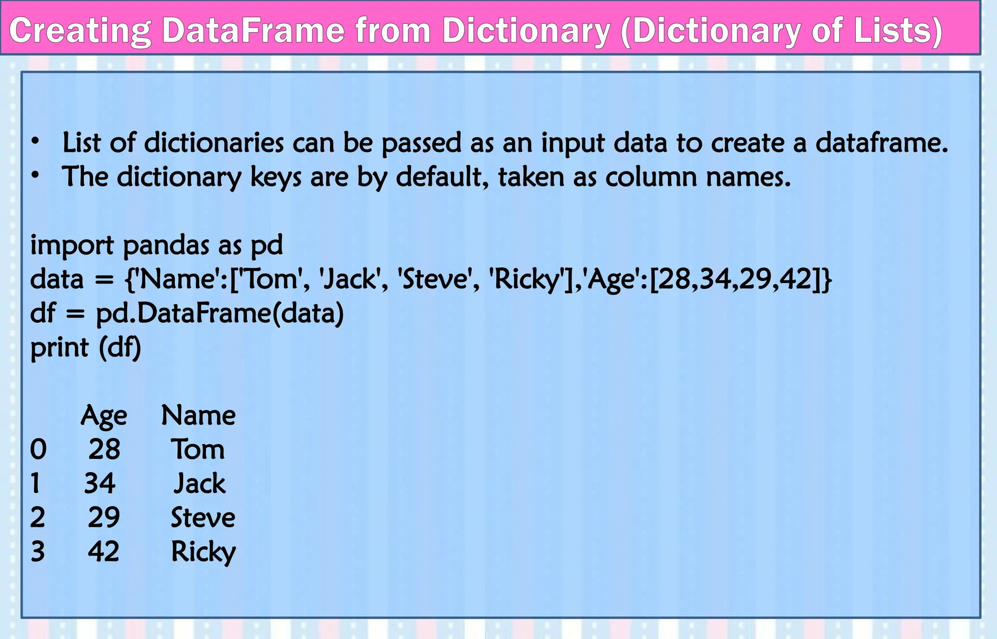 Creating DataFrame from Dictionary (Dictionary of Lists)
• List of dictionaries can be passed as an input data to create a dataframe.
• The dictionary keys are by default, taken as column names.
import pandas as pd
data = {'Name':['Tom', 'Jack', 'Steve', 'Ricky'],'Age':[28,34,29,42]}
df = pd.DataFrame(data)
print (df)
Age Name
0 28 Tom
1 34 Jack
2 29 Steve
3 42 Ricky
 