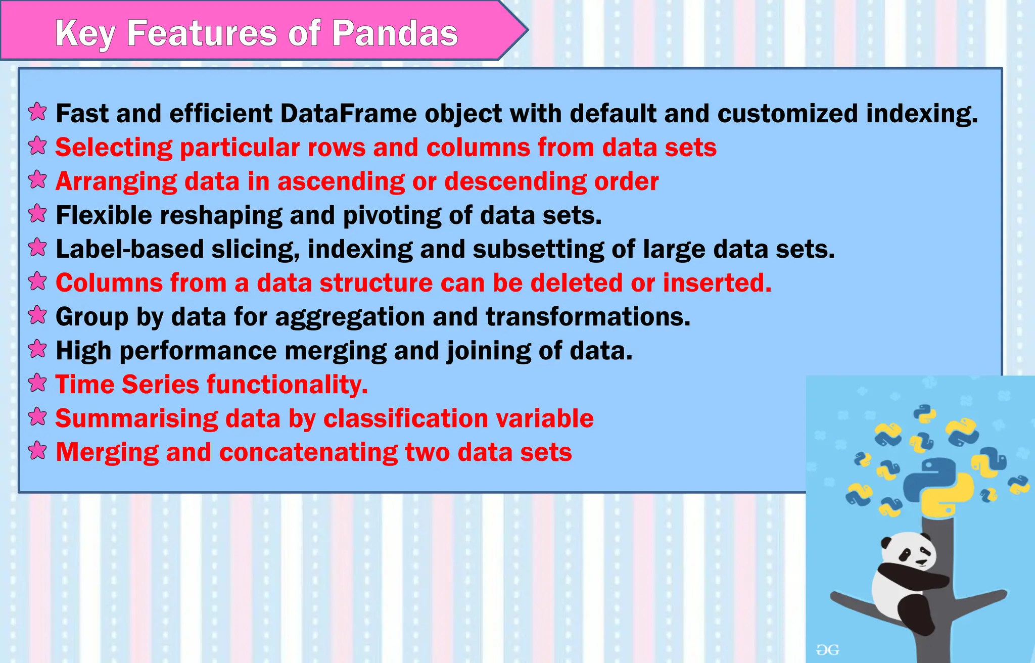 Fast and efficient DataFrame object with default and customized indexing.
Selecting particular rows and columns from data sets
Arranging data in ascending or descending order
Flexible reshaping and pivoting of data sets.
Label-based slicing, indexing and subsetting of large data sets.
Columns from a data structure can be deleted or inserted.
Group by data for aggregation and transformations.
High performance merging and joining of data.
Time Series functionality.
Summarising data by classification variable
Merging and concatenating two data sets
Key Features of Pandas
 
