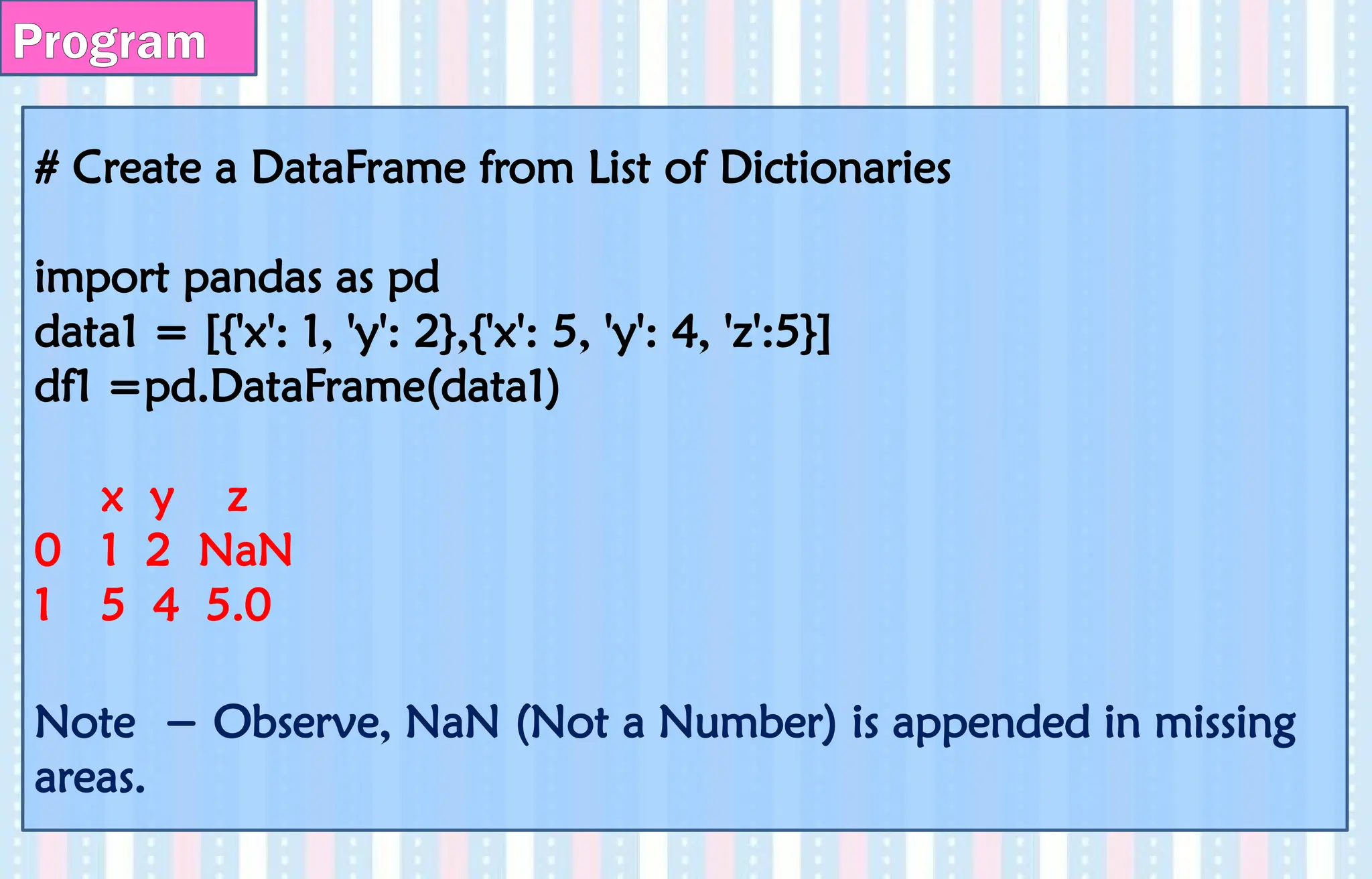 # Create a DataFrame from List of Dictionaries
import pandas as pd
data1 = [{'x': 1, 'y': 2},{'x': 5, 'y': 4, 'z':5}]
df1 =pd.DataFrame(data1)
x y z
0 1 2 NaN
1 5 4 5.0
Note − Observe, NaN (Not a Number) is appended in missing
areas.
Program
 