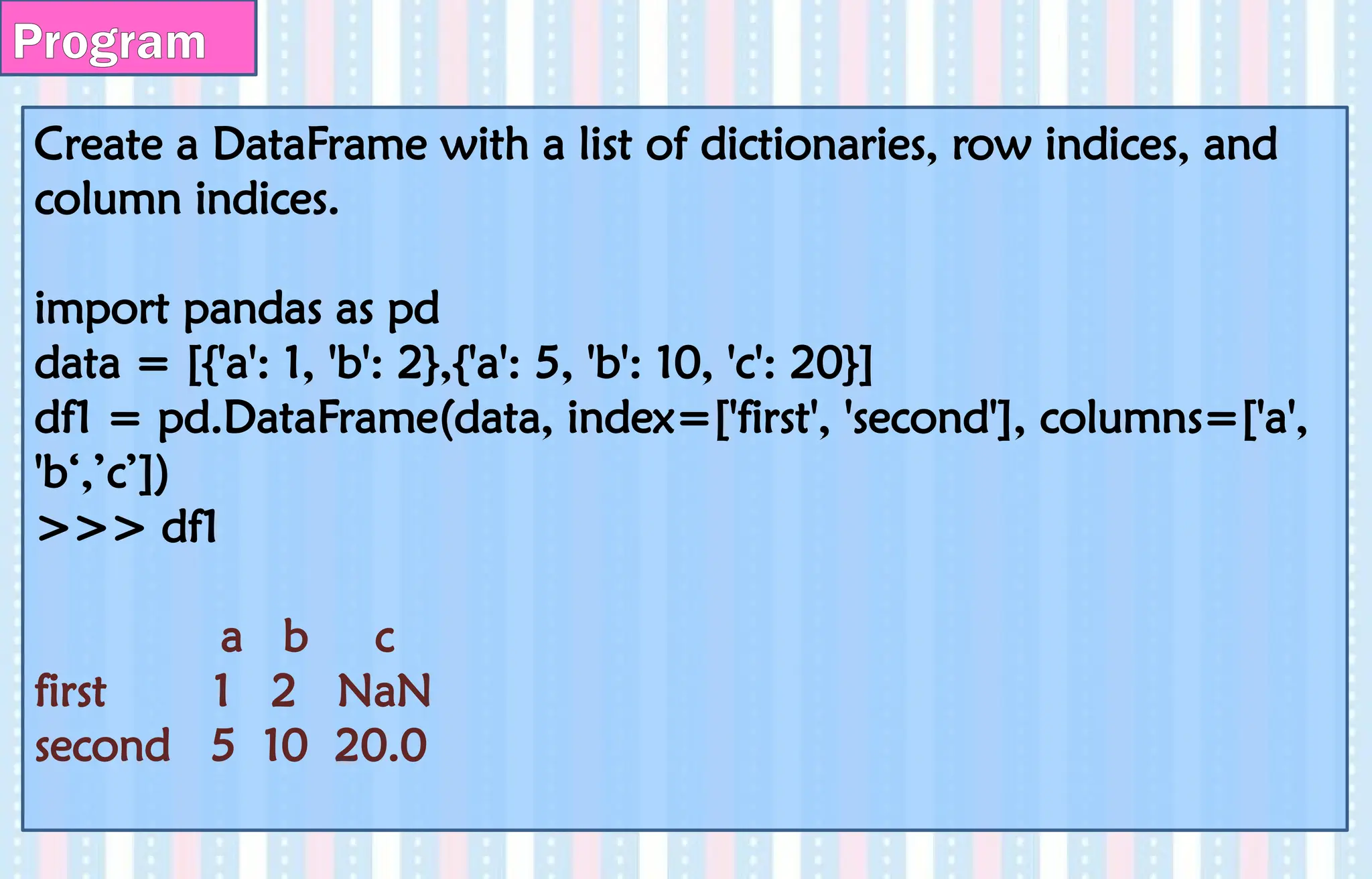 Create a DataFrame with a list of dictionaries, row indices, and
column indices.
import pandas as pd
data = [{'a': 1, 'b': 2},{'a': 5, 'b': 10, 'c': 20}]
df1 = pd.DataFrame(data, index=['first', 'second'], columns=['a',
'b‘,’c’])
>>> df1
a b c
first 1 2 NaN
second 5 10 20.0
Program
 