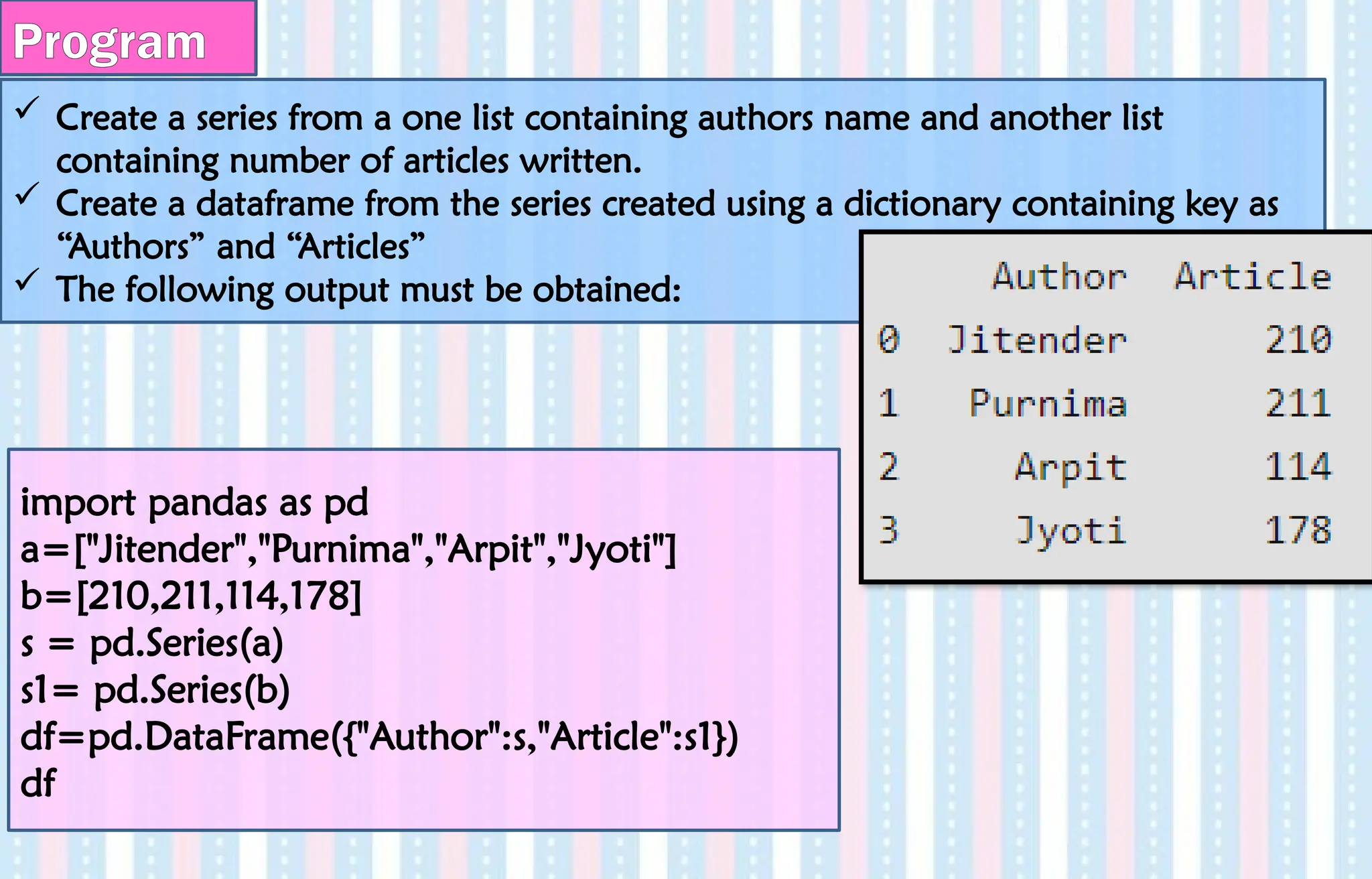  Create a series from a one list containing authors name and another list
containing number of articles written.
 Create a dataframe from the series created using a dictionary containing key as
“Authors” and “Articles”
 The following output must be obtained:
Program
import pandas as pd
a=["Jitender","Purnima","Arpit","Jyoti"]
b=[210,211,114,178]
s = pd.Series(a)
s1= pd.Series(b)
df=pd.DataFrame({"Author":s,"Article":s1})
df
 