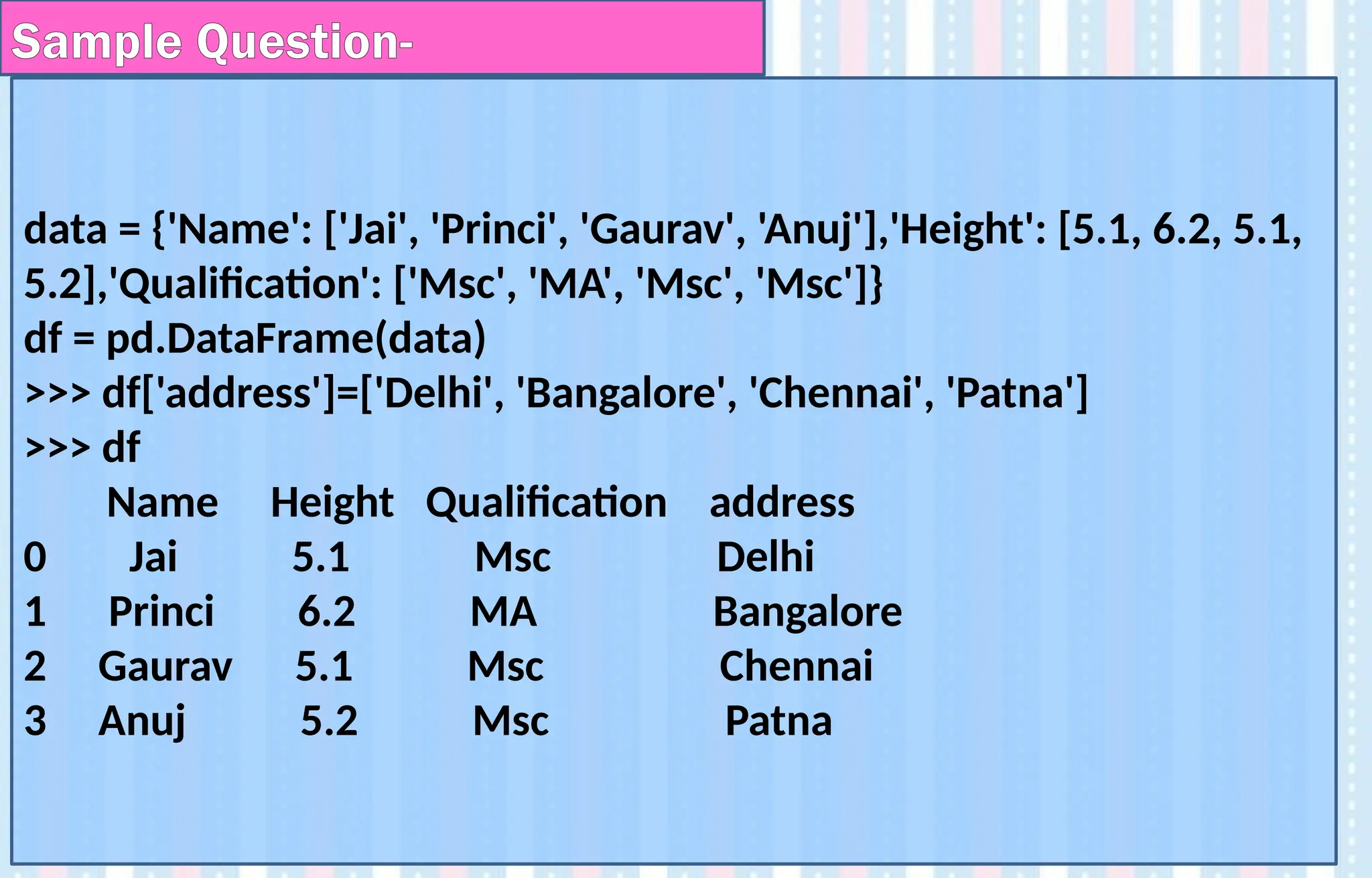 data = {'Name': ['Jai', 'Princi', 'Gaurav', 'Anuj'],'Height': [5.1, 6.2, 5.1,
5.2],'Qualification': ['Msc', 'MA', 'Msc', 'Msc']}
df = pd.DataFrame(data)
>>> df['address']=['Delhi', 'Bangalore', 'Chennai', 'Patna']
>>> df
Name Height Qualification address
0 Jai 5.1 Msc Delhi
1 Princi 6.2 MA Bangalore
2 Gaurav 5.1 Msc Chennai
3 Anuj 5.2 Msc Patna
Sample Question-
 