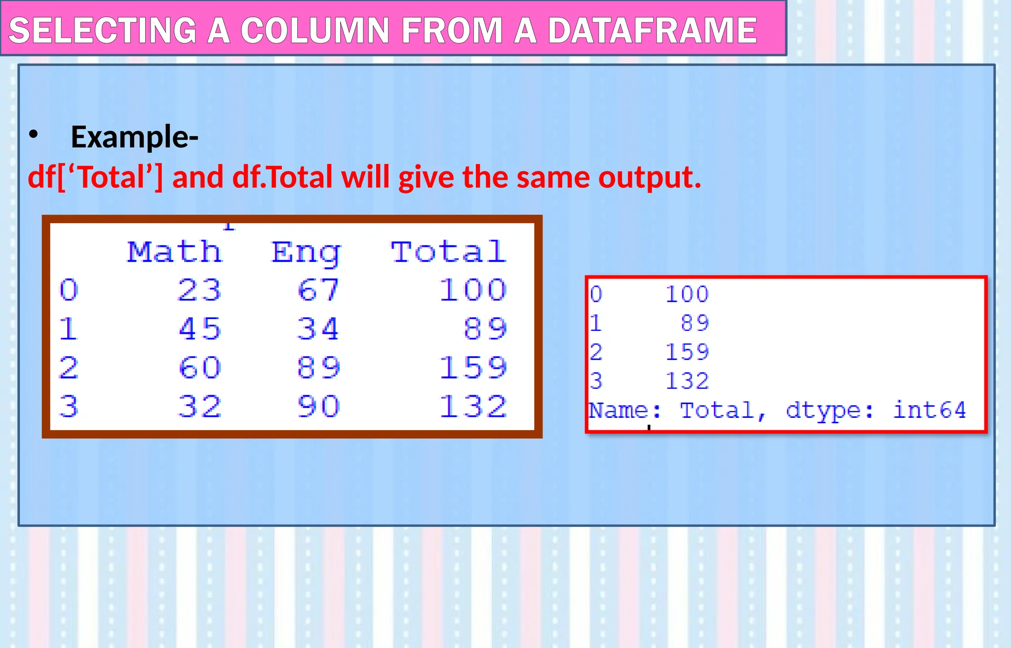 • Example-
df[‘Total’] and df.Total will give the same output.
SELECTING A COLUMN FROM A DATAFRAME
 