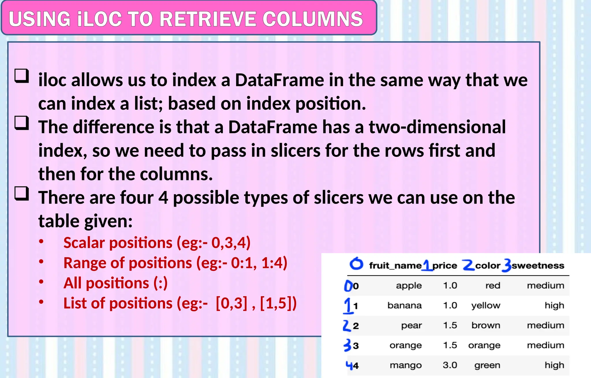 USING iLOC TO RETRIEVE COLUMNS
 iloc allows us to index a DataFrame in the same way that we
can index a list; based on index position.
 The difference is that a DataFrame has a two-dimensional
index, so we need to pass in slicers for the rows first and
then for the columns.
 There are four 4 possible types of slicers we can use on the
table given:
• Scalar positions (eg:- 0,3,4)
• Range of positions (eg:- 0:1, 1:4)
• All positions (:)
• List of positions (eg:- [0,3] , [1,5])
 