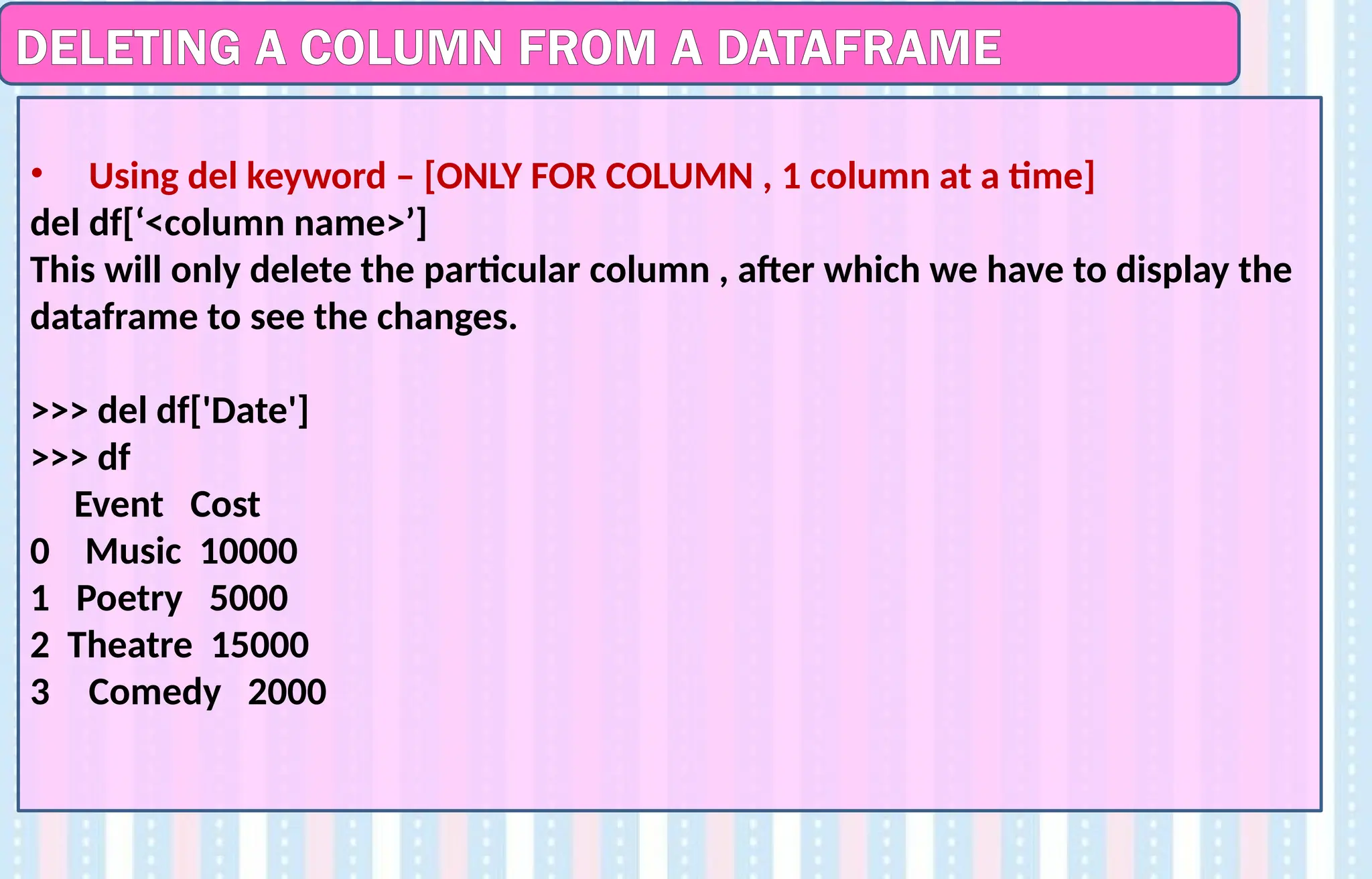 DELETING A COLUMN FROM A DATAFRAME
• Using del keyword – [ONLY FOR COLUMN , 1 column at a time]
del df[‘<column name>’]
This will only delete the particular column , after which we have to display the
dataframe to see the changes.
>>> del df['Date']
>>> df
Event Cost
0 Music 10000
1 Poetry 5000
2 Theatre 15000
3 Comedy 2000
 