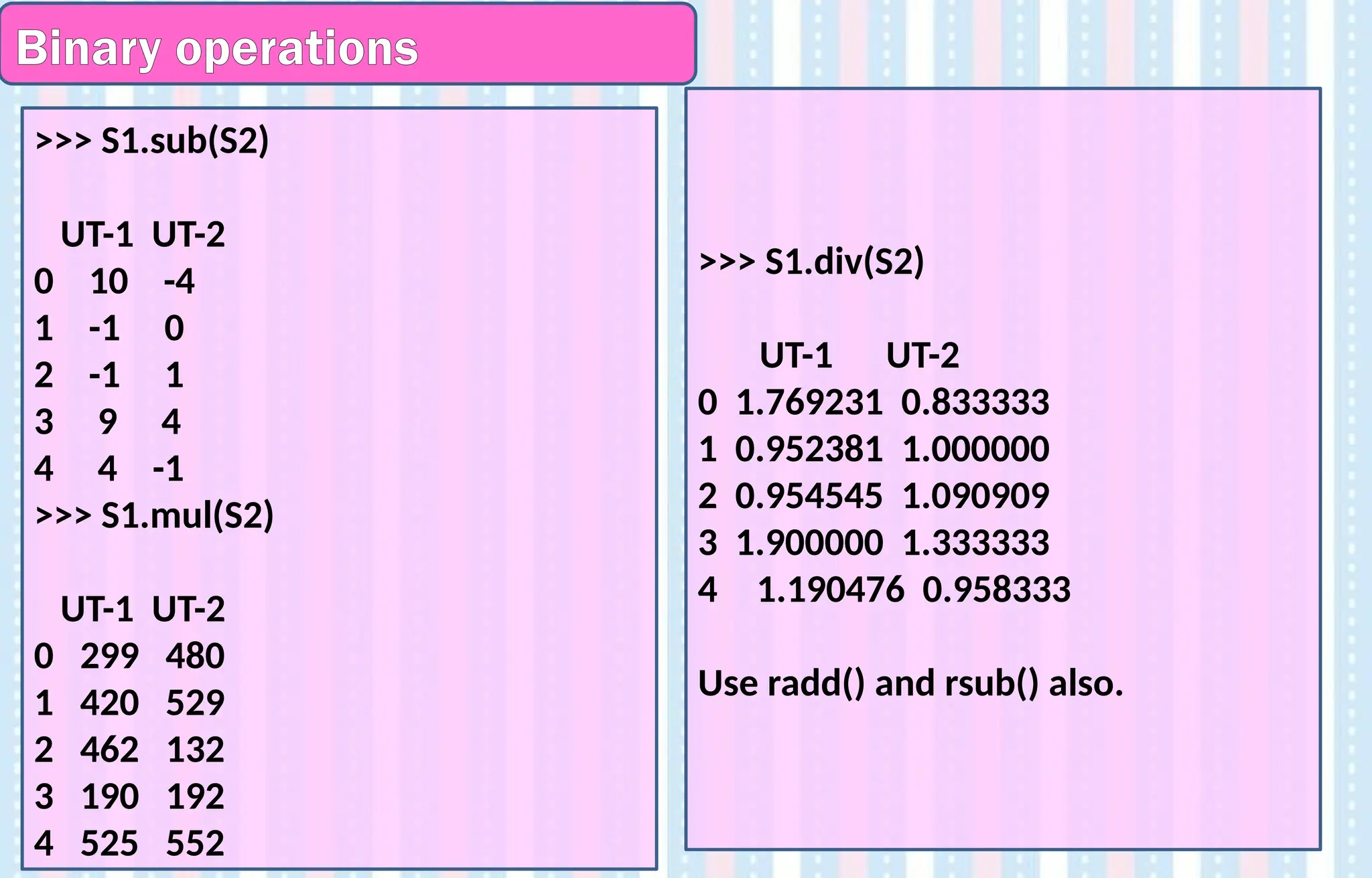 Binary operations
>>> S1.div(S2)
UT-1 UT-2
0 1.769231 0.833333
1 0.952381 1.000000
2 0.954545 1.090909
3 1.900000 1.333333
4 1.190476 0.958333
Use radd() and rsub() also.
>>> S1.sub(S2)
UT-1 UT-2
0 10 -4
1 -1 0
2 -1 1
3 9 4
4 4 -1
>>> S1.mul(S2)
UT-1 UT-2
0 299 480
1 420 529
2 462 132
3 190 192
4 525 552
 