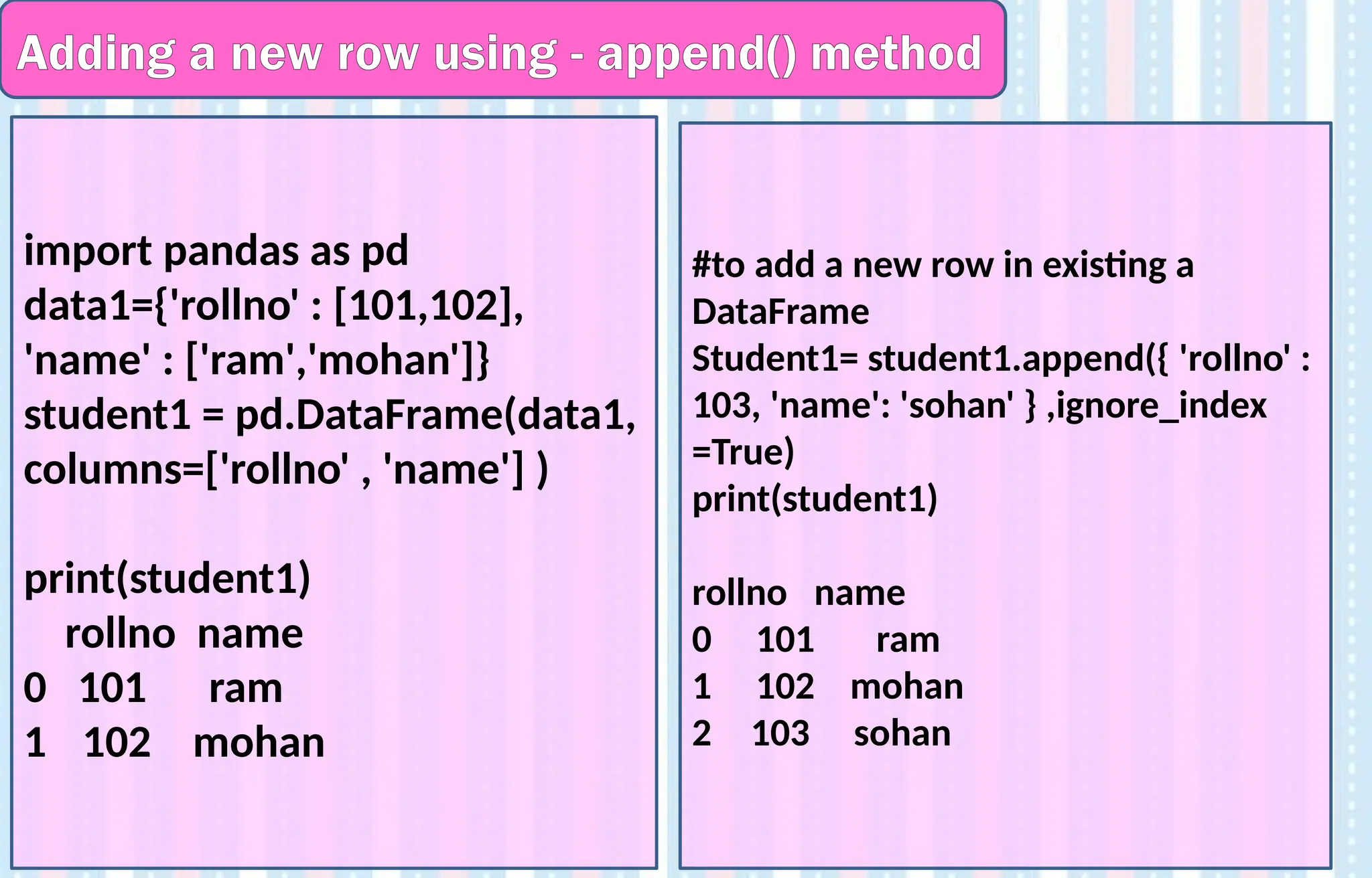 Adding a new row using - append() method
import pandas as pd
data1={'rollno' : [101,102],
'name' : ['ram','mohan']}
student1 = pd.DataFrame(data1,
columns=['rollno' , 'name'] )
print(student1)
rollno name
0 101 ram
1 102 mohan
#to add a new row in existing a
DataFrame
Student1= student1.append({ 'rollno' :
103, 'name': 'sohan' } ,ignore_index
=True)
print(student1)
rollno name
0 101 ram
1 102 mohan
2 103 sohan
 