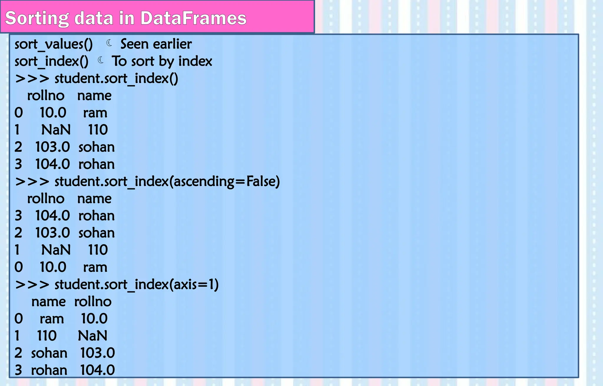 Sorting data in DataFrames
sort_values()  Seen earlier
sort_index()  To sort by index
>>> student.sort_index()
rollno name
0 10.0 ram
1 NaN 110
2 103.0 sohan
3 104.0 rohan
>>> student.sort_index(ascending=False)
rollno name
3 104.0 rohan
2 103.0 sohan
1 NaN 110
0 10.0 ram
>>> student.sort_index(axis=1)
name rollno
0 ram 10.0
1 110 NaN
2 sohan 103.0
3 rohan 104.0
 