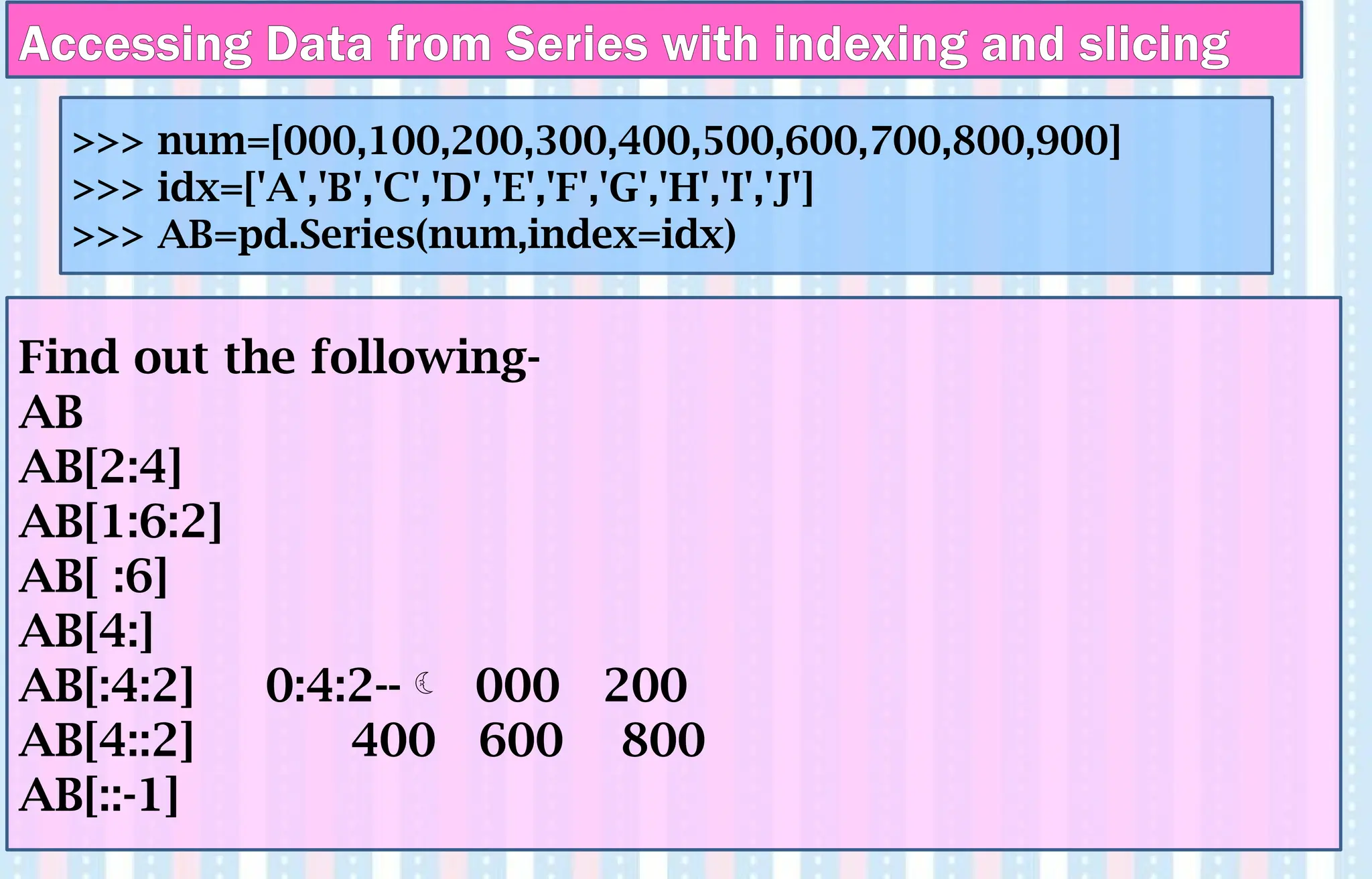 Find out the following-
AB
AB[2:4]
AB[1:6:2]
AB[ :6]
AB[4:]
AB[:4:2] 0:4:2-- 000 200
AB[4::2] 400 600 800
AB[::-1]
>>> num=[000,100,200,300,400,500,600,700,800,900]
>>> idx=['A','B','C','D','E','F','G','H','I','J']
>>> AB=pd.Series(num,index=idx)
Accessing Data from Series with indexing and slicing
 